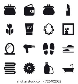 16 vector icon set : purse, wallet, lipstick, uv cream, hawaiian wreath, flower in window, mirror, hair dryer, slippers, towels, flower, shampoo, bath