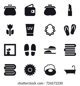 16 vector icon set : purse, wallet, lipstick, uv cream, hawaiian wreath, flip-flops, flower in window, slippers, towels, towel, flower, soap, bath