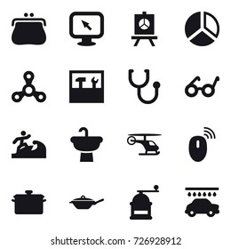 16 vector icon set : purse, monitor arrow, presentation, diagram, spinner, tools, surfer, pan, hand mill, car wash