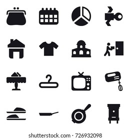 16 vector icon set : purse, calendar, diagram, satellite, home, t-shirt, mansion, restaurant, hanger, tv, mixer, slippers, pan, hive