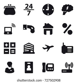 16 vector icon set : purse, 24/7, clock, brain, notebook wireless, hand coin, home, percent, calculator, identity card, intercome