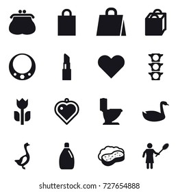 16 vector icon set : purse, shopping bag, necklace, lipstick, heart pendant, toilet, goose, cleanser, sponge with foam, woman with pipidaster
