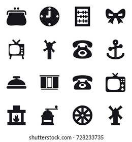 16 vector icon set : purse, clock, abacus, bow, tv, windmill, service bell, wardrobe, phone, fireplace, hand mill, wheel