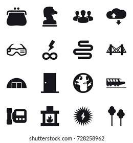 16 vector icon set : purse, chess horse, group, cloude service, smart glasses, infinity power, bridge, hangare, door, train, intercome, fireplace, trees