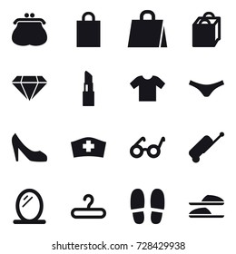 16 vector icon set : purse, shopping bag, diamond, lipstick, t-shirt, underpants, shoes, suitcase, mirror, hanger, slippers
