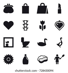 16 vector icon set : purse, shopping bag, lipstick, heart pendant, flower in window, toilet, goose, flower, cleanser, sponge with foam, woman with pipidaster