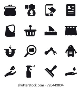 16 vector icon set : purse, money gift, touch, shark flipper, curtain, hand leaf, sprayer, scraper, hand and drop