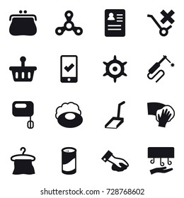16 vector icon set : purse, spinner, mobile checking, handwheel, soap, scoop, wiping, hanger, cleanser powder, hand dryer