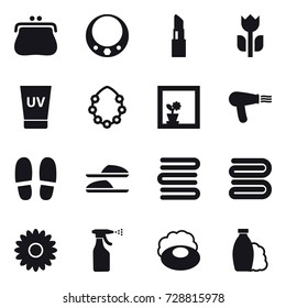 16 vector icon set : purse, necklace, lipstick, uv cream, hawaiian wreath, flower in window, hair dryer, slippers, towels, towel, flower, sprayer, soap, shampoo