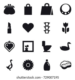16 vector icon set : purse, shopping bag, necklace, lipstick, heart pendant, flower in window, toilet, goose, flower, cleanser, sponge with foam