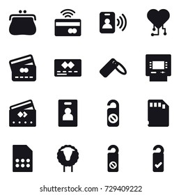 16 vector icon set : purse, tap to pay, pass card, cardio chip, credit card, atm, identity card, do not distrub, sheep, please clean