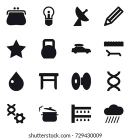 16 vector icon set : purse, bulb, satellite antenna, pencil, star, car baggage, lounger, drop, stool, steam pan, watering, rain cloud