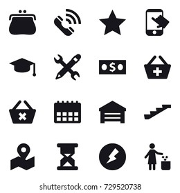 16 vector icon set : purse, call, star, touch, graduate hat, pencil wrench, money, add to basket, delete cart, garage, stairs, electricity, garbage bin