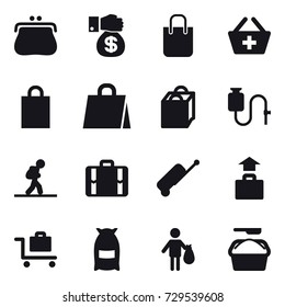 16 vector icon set : purse, money gift, shopping bag, add to basket, tourist, suitcase, baggage, baggage trolley, flour, trash, washing powder