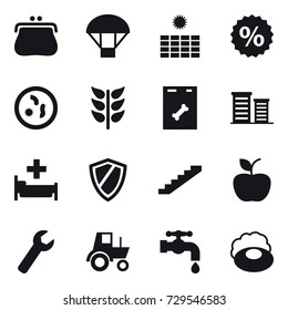 16 vector icon set : purse, parachute, sun power, percent, district, hospital, shield, stairs, apple, wrench, tractor, water tap, soap
