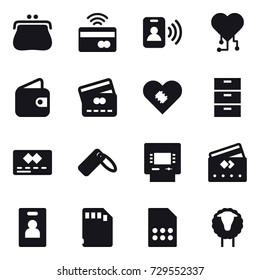 16 vector icon set : purse, tap to pay, pass card, cardio chip, wallet, credit card, atm, identity card, sheep