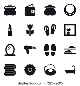 16 vector icon set : purse, wallet, necklace, lipstick, flip-flops, flower in window, mirror, hair dryer, slippers, towel, flower, soap, bath