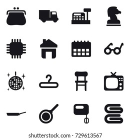 16 vector icon set : purse, truck, cashbox, chess horse, chip, home, disco ball, hanger, chair, tv, pan, stack of towels