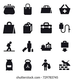 16 vector icon set : purse, shopping bag, add to basket, tourist, passenger, baggage checking, baggage get, flour, fertilizer, trash, construct garbage