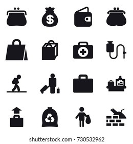 16 vector icon set : purse, money bag, wallet, shopping bag, tourist, passenger, suitcase iocn, baggage checking, baggage, garbage bag, trash, construct garbage