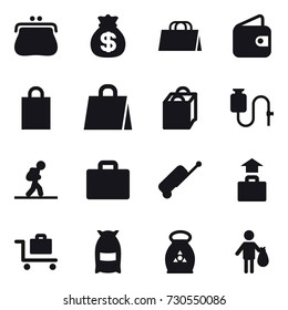 16 vector icon set : purse, money bag, shopping bag, wallet, tourist, suitcase iocn, suitcase, baggage, baggage trolley, flour, fertilizer, trash