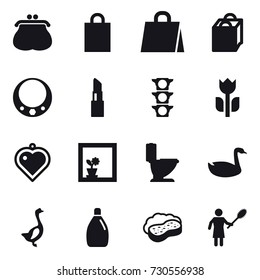16 vector icon set : purse, shopping bag, necklace, lipstick, heart pendant, flower in window, toilet, goose, cleanser, sponge with foam, woman with pipidaster