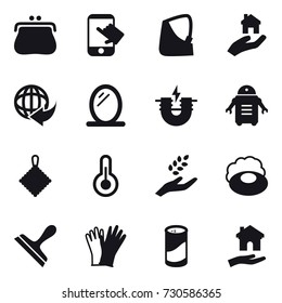 16 vector icon set : purse, touch, real estate, mirror, rag, harvest, soap, scraper, gloves, cleanser powder, housing