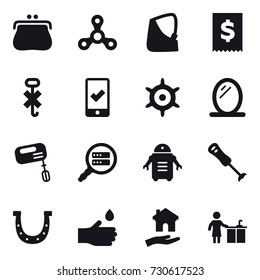 16 vector icon set : purse, spinner, mobile checking, handwheel, mirror, mixer, horseshoe, hand drop, housing, kitchen cleaning