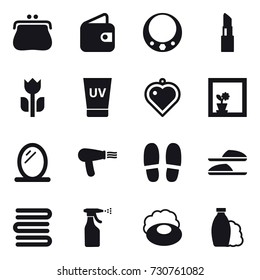 16 vector icon set : purse, wallet, necklace, lipstick, uv cream, heart pendant, flower in window, mirror, hair dryer, slippers, towels, sprayer, soap, shampoo