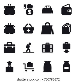 16 vector icon set : purse, money gift, shopping bag, wallet, add to basket, tourist, suitcase, baggage get, baggage, baggage trolley, flour