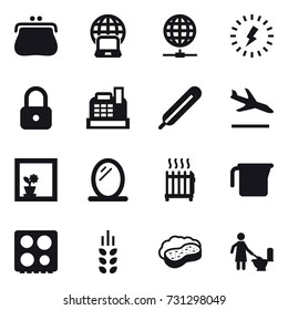 16 vector icon set : purse, notebook globe, globe connect, lightning, lock, cashbox, arrival, flower in window, mirror, radiator, measuring cup, spikelets, sponge with foam, toilet cleaning