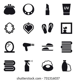 16 vector icon set : purse, necklace, lipstick, uv cream, hawaiian wreath, heart pendant, flip-flops, flower in window, mirror, hair dryer, slippers, towels, towel, sprayer, soap, shampoo