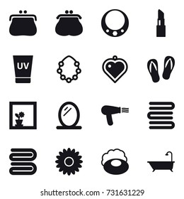 16 vector icon set : purse, necklace, lipstick, uv cream, hawaiian wreath, heart pendant, flip-flops, flower in window, mirror, hair dryer, towels, towel, flower, soap, bath