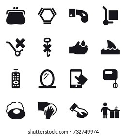 16 vector icon set : purse, hex molecule, hand coin, cargo stoller, shark flipper, remote control, mirror, soap, wiping, kitchen cleaning