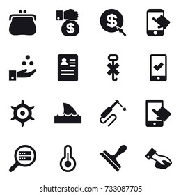 16 vector icon set : purse, money gift, dollar arrow, touch, chamical industry, mobile checking, handwheel, shark flipper, scraper, wiping