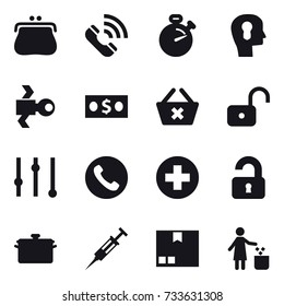 16 vector icon set : purse, call, stopwatch, bulb head, satellite, money, delete cart, unlock, equalizer, phone, unlocked, pan, syringe, package, garbage bin