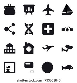 16 vector icon set : purse, presentation, plane, boat, molecule, dna, drawbridge, cottage, smart house, surveillance, flower in window, fish