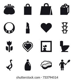 16 vector icon set : purse, shopping bag, necklace, lipstick, heart pendant, flower in window, toilet, goose, cleanser, sponge with foam, woman with pipidaster