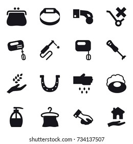 16 vector icon set : purse, smart bracelet, hand coin, mixer, harvest, horseshoe, sow, soap, liquid soap, hanger, wiping, housing