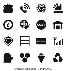 16 vector icon set : purse, call, atom, cashbox, info, heart pendant, rack, welcome mat, cook glove, honeycombs, grape, recycling