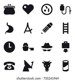 16 vector icon set : purse, heart, draw compass, pencil, stairs, baggage get, phone, cow, cleanser powder