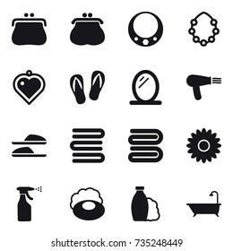 16 vector icon set : purse, necklace, hawaiian wreath, heart pendant, flip-flops, mirror, hair dryer, slippers, towels, towel, flower, sprayer, soap, shampoo, bath