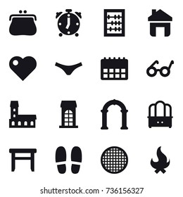 16 vector icon set : purse, alarm clock, abacus, home, heart, underpants, mansion, building, arch, dresser, stool, slippers, fire
