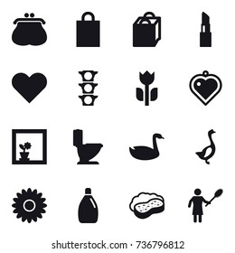 16 vector icon set : purse, shopping bag, lipstick, heart pendant, flower in window, toilet, goose, flower, cleanser, sponge with foam, woman with pipidaster