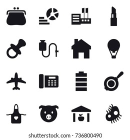 16 vector icon set : purse, diagram, store, lipstick, nipple, home, air ballon, airplane, pan, apron, pig, warehouse, microb