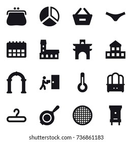 16 vector icon set : purse, diagram, remove from basket, underpants, mansion, arch, cottage, thermometer, dresser, hanger, pan, hive