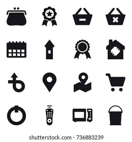 16 vector icon set : purse, medal, remove from basket, delete cart, tower, smart house, bucket