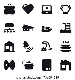 16 vector icon set : purse, heart, notebook, hex molecule, structure, house with garage, pool, home, bell, vacuum cleaner, plate washing, steam pan, kitchen scales, house