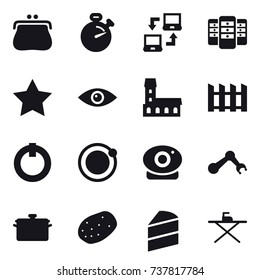 16 vector icon set : purse, stopwatch, notebook connect, server, star, mansion, fence, pan, iron board