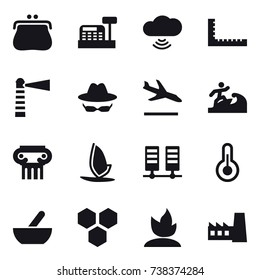 16 vector icon set : purse, cashbox, cloud wireless, ruler, lighthouse, arrival, surfer, antique column, windsurfing, mortar, honeycombs, sprouting, factory